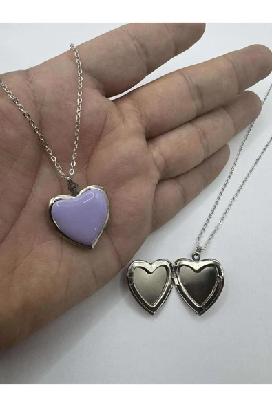 Lila Açılabilir Kapaklı Kalp Kolye 55 cm Zincirli, Metal Resimlik Kolye ürün görseli 1