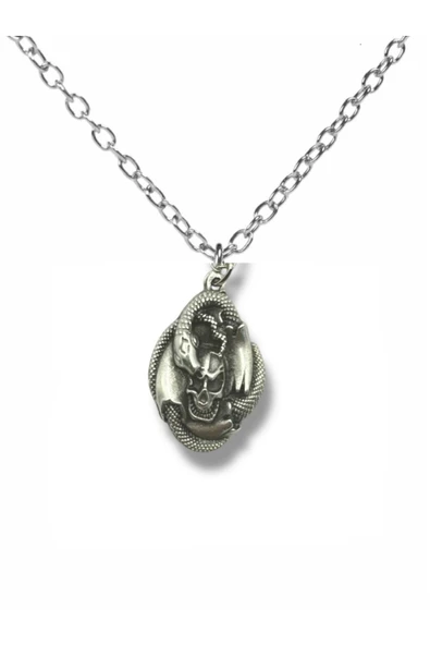 Silver Skull Snake Spiral Figürlü Unisex Kolye – 60 cm Zincirli Gotik ve Sembolik Tasarım ürün görseli 1