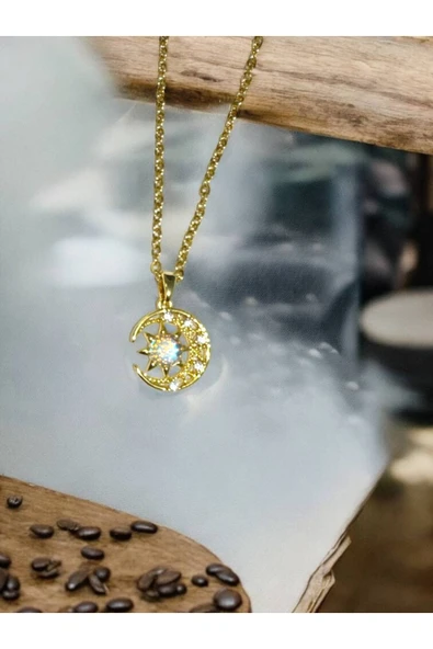 Sedefli Ay Yıldız Figürlü Kadın Kolye – Gold Renk Paslanmaz Çelik, 55 cm Zarif ve Anlamlı Tasarım ürün görseli 1