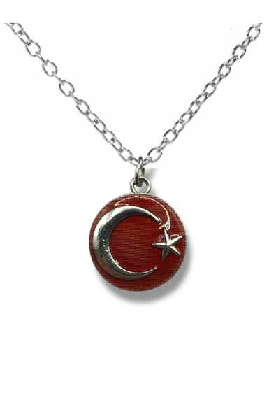 Kırmızı Zeminli Ay Yıldız Yuvarlak Kolye – Unisex Gümüş Renk Metal Takı ürün görseli 1