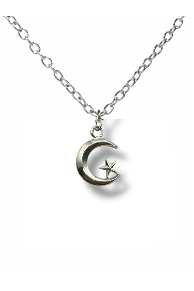 Ay Yıldız Figürlü Kolye – Gümüş Renk Zamak Metal Unisex Vatan Temalı Takı ürün görseli 1