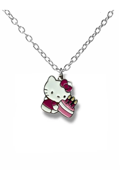 Hello Kitty Doğum Günü Pasta Figürlü Kolye – 60 cm Zincirli Sevimli ve Renkli Takı ürün görseli 1