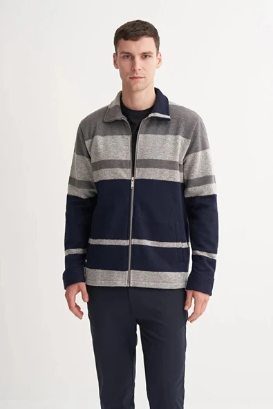 Cazador Hazır Örme Çizgili Vintage Yün Karışımlı Regular Fit Fermuarlı Sweat Hırka ürün görseli 1