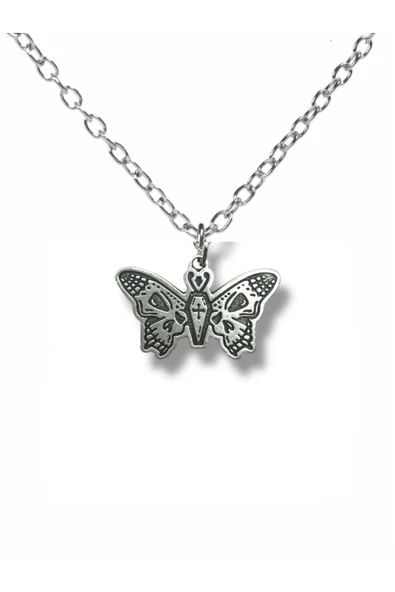 Gotik Tarz Kelebek Figürlü Unisex Kolye | Siyah Detaylı Butterfly Tasarım | 60 cm Zincir ürün görseli 1