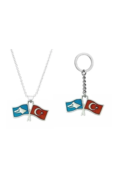 Türk Bozkurt İkili Bayrak Kolye Anahtarlık&Çanta Süsü 2 li Set ürün görseli 1