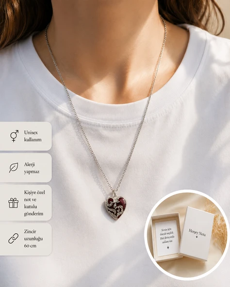 Kırmızı Taş Detaylı Kalp Kolye – Zirkon İşlemeli Gümüş Renk Unisex Kolye ürün görseli 1