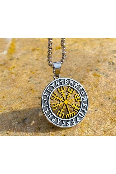 Viking Nordik Vegvisir İşlemeli Runik Sembollü 316L Paslanmaz Çelik Kolye Gold ürün görseli 1