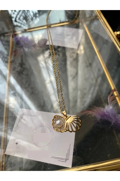 Gold Kadın İncili İstiridye Model Paslanmaz Çelik Kolye – 55 cm Zincir ürün görseli 1