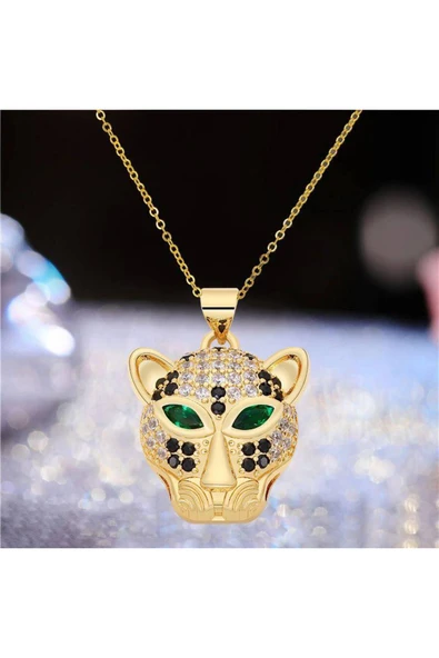 Kadın Taş Detaylı Panter Kafası Model Çelik Kolye (Gold) ürün görseli 1