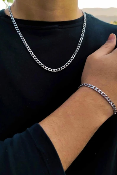 Ince Gurmet Erkek Çelik Zincir Kolye Ve Bileklik Set 4mm Eck06t ürün görseli 1