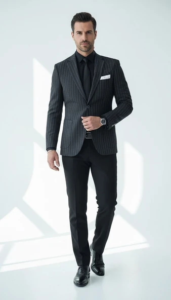 Erkek Slim Fit Siyah Çizgili Blazer Ceket | Tek Düğmeli, Çift Yırtmaçlı, Torba Cepli ürün görseli 1