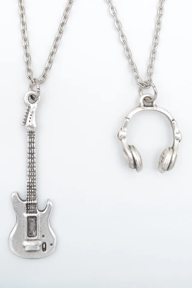 2'li Elektro Gitar - Kulaklık Gümüş Kaplama Unisex Düz Zincir Kolye Seti kod 1033 ürün görseli 1