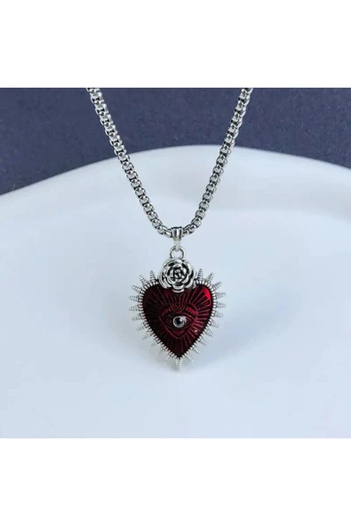 Rose Eye Of Heart Gotik Kalp Paslanmaz Çelik Kolye Kırmızı ürün görseli 1