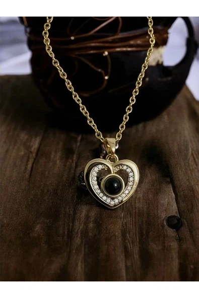 316L Çelik Gold Renk Kalp Figürlü 100 Dilde Seni Seviyorum Kolyesi ürün görseli 1