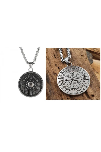 Viking Nordik Kalkanı Vegvisir kolye İskandinav  Paslanmaz Çelik Gümüş Çift Taraflı Kolye ürün görseli 1