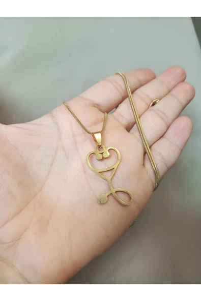 Steteskop Doktor Sağlık Hastane Gold Renk 316L Paslanmaz Çelik Figür Kolye ürün görseli 1
