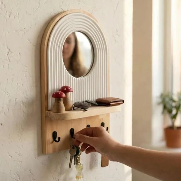 Aynalı Ahşap Duvar Hol Anahtar Askısı, Minimalist Dekoratif Modern Anahtarlık ürün görseli 1