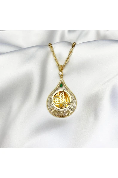 Yeşil Taşlı Gold Damla Tuğra Kolye ürün görseli 1