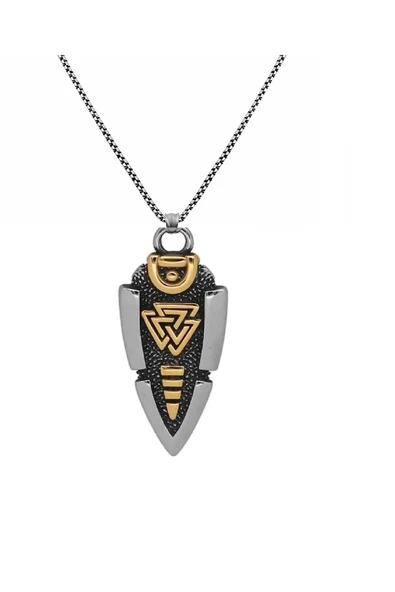 Valknut İşlemeli Çift Taraflı Ok Ucu Erkek 316L Çelik Kolye A Plus Kalite ürün görseli 1