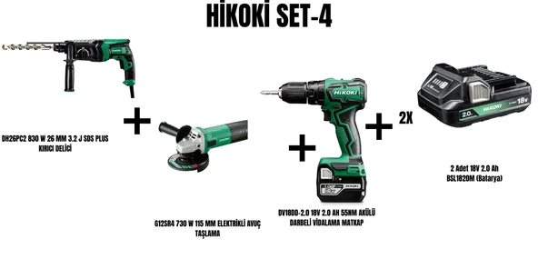 Hikoki Set-4 (830 W 26 MM 3.2 J SDS PLUS KIRICI DELİCİ+730 W 115 MM ELEKTRİKLİ AVUÇ TAŞLAMA+55NM AKÜLÜ DARBELİ VİDALAMA MATKAP) ürün görseli 1
