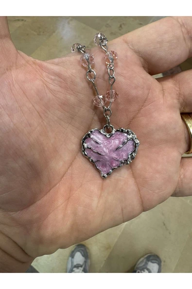 Boncuk Pembe Zincir Üzerine Kalp Pembe Gotik Kadın Kolye ürün görseli 1