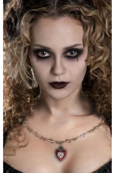 Gotik Dikenli Zincir Kalp Gül Detaylı Kırmızı Kadın Kolye ürün görseli 1