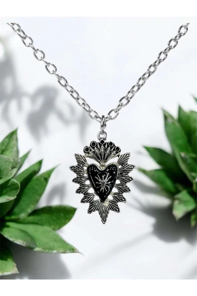 Gotik Siyah Kadın Kalp Diken Detaylı Kadın Kolye Antik Gümüş Kaplama 60 cm Zincir ürün görseli 1