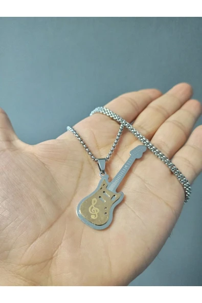 Elektro Gitar İki Katmanlı Gümüş Gold Renk 316L Paslanmaz Çelik Figür Kolye ürün görseli 1