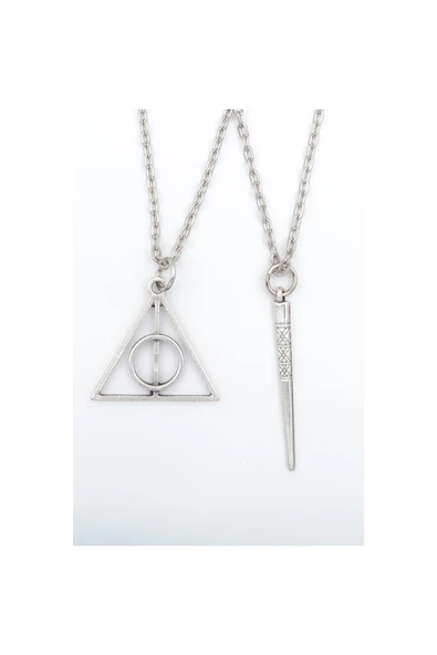 2'li Harry Potter Ölüm Yadigarları Üçgen - Antik Çubuk Erkek Kadın Kolye Seti 925 Ayar Gümüş Kaplama ürün görseli 1