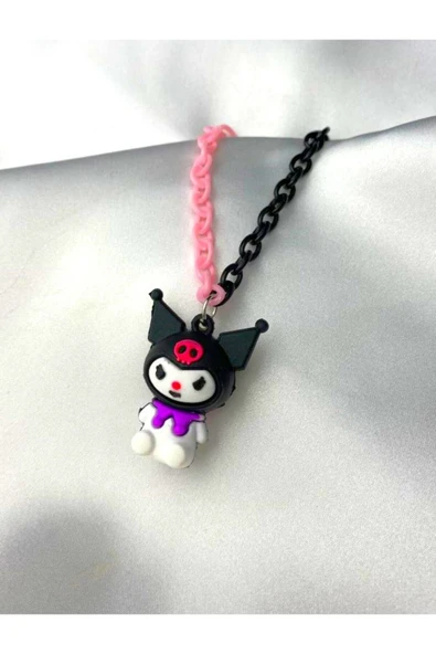 Kuromi Renkli Çocuk Kolyesi - Plastik Pembe Siyah Zincir ürün görseli 1