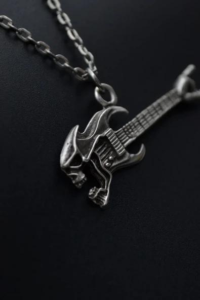 Kuru Kafa Elektro Gitar Erkek Kadın Kolye 925 Ayar Gümüş Kaplama - 60 Cm Düz Zincir ürün görseli 1