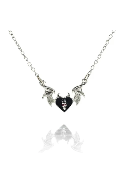 Yarasa Kanatlı Skull Heart Gotik Zincirli Kolye ürün görseli 1