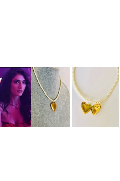 Paslanmaz Çelik Kalp Kapaklı Resim Konulabilir Gold İncili Dilber Kolye ürün görseli 1