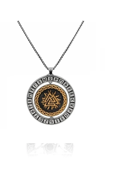 Valknut Thor Runik Sembollü Dönen Madalyon Odin Çift Taraflı 316L Çelik Erkek Kolye ürün görseli 1