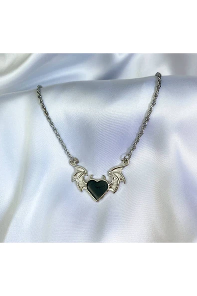 Devil Heart Yarasa Kanatlı Boynuzlu Siyah Kalp Kolye ürün görseli 1