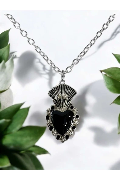 Gotik Siyah Kadın Kalp Taç Detaylı Kadın Kolye Antik Gümüş Kaplama 60 cm Zincir ürün görseli 1