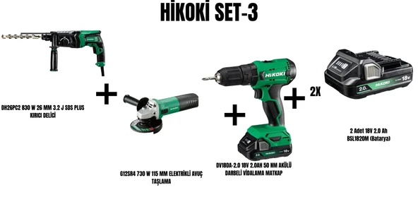 Hikoki Set-3 (830 W 26 MM 3.2 J SDS PLUS KIRICI DELİCİ+730 W 115 MM ELEKTRİKLİ AVUÇ TAŞLAMA+50 NM AKÜLÜ DARBELİ VİDALAMA MATKAP) ürün görseli 1