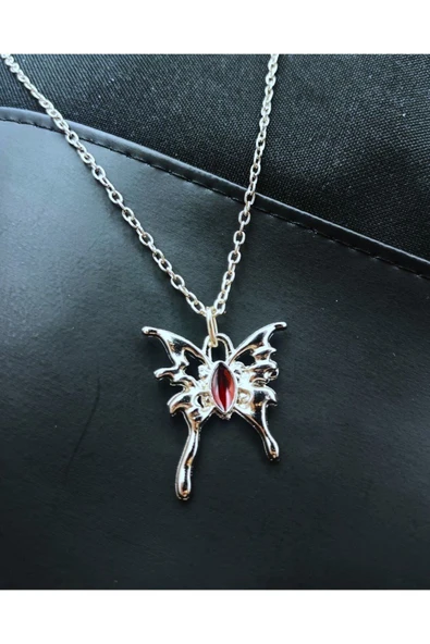 Kırmızı Kelebek Gotik Kadın Kolye - Gümüş Kaplama ürün görseli 1
