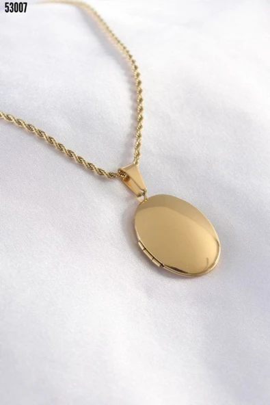 Oval Şeklinde Kapaklı 316L Paslanmaz Çelik Gold Renk Resim Konulabilen Kadın Kolye ürün görseli 1