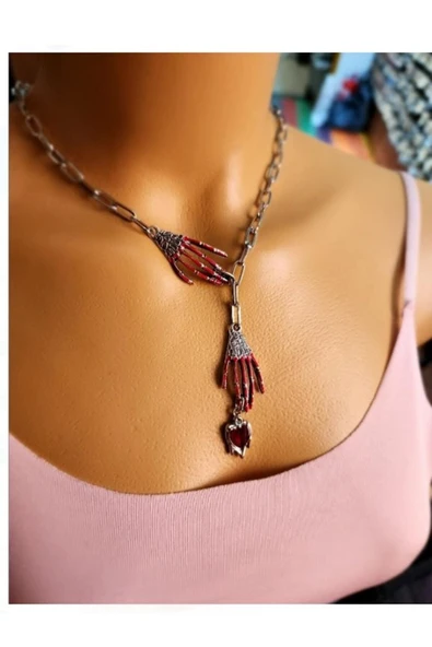 Pençe Minik Kalp Gotik Tarz Kadın Kolye Kalp Pençe Detaylı Kırmızı Gümüş Kolye ürün görseli 1