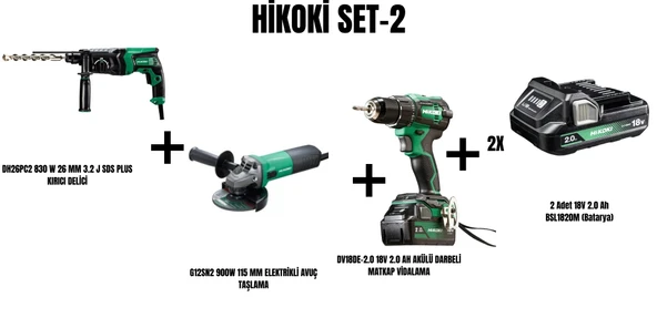 Hikoki Set-2 (830 W 26 MM 3.2 J SDS PLUS KIRICI DELİCİ+900W 115 MM ELEKTRİKLİ AVUÇ TAŞLAMA+AKÜLÜ DARBELİ MATKAP VİDALAMA) ürün görseli 1