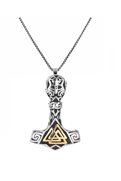 Paslanmaz Çelik Altın Renk Detaylı Viking Güç Sembol Valknut Viking Kolye 70 cm Zincirli ürün görseli 1