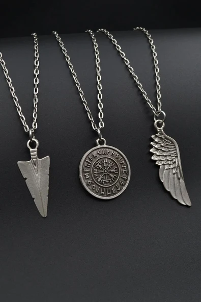 3lü Triagle Ok Ucu Viking Pusula Büyük Kanat Kolye Seti 925 Ayar Gümüş Kaplama ürün görseli 1