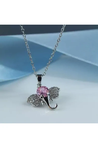 Fil Zirkon Taş Tasarımlı Pembe Paslanmaz Çelik Kolye ürün görseli 1
