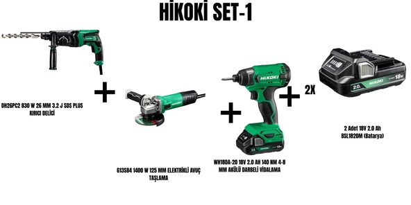 Hikoki Set-1 (830 W 26 MM 3.2 J SDS PLUS KIRICI DELİCİ+1400 W 125 MM ELEKTRİKLİ AVUÇ TAŞLAMA+140 NM 4-8 MM AKÜLÜ DARBELİ VİDALAMA) ürün görseli 1