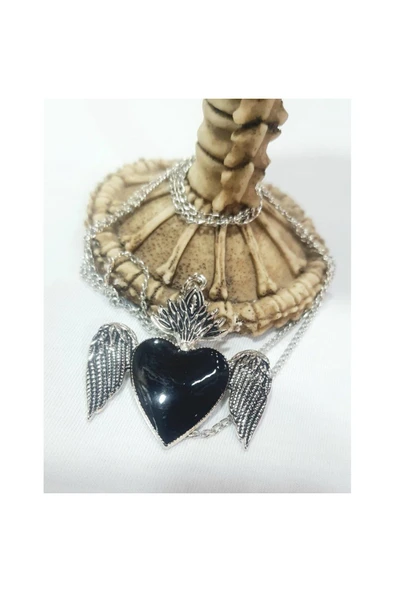 BLACK HEART FEATHERS KOLYE KALP SİYAH GOTİK ürün görseli 1