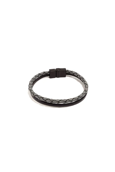 Gri Siyah Karışımlı İnce Hakiki Deri Erkek Bileklik | Mıknatıslı Metal Tokalı Minimal Tasarım ürün görseli 1