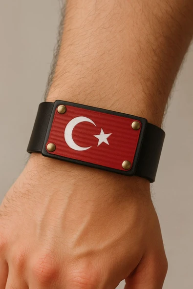 Türk Bayraklı Siyah Kırmızı Deri Bileklik | 3 Çıtçıtlı Unisex Tasarım – Hakiki Deri Modern Stil ürün görseli 1
