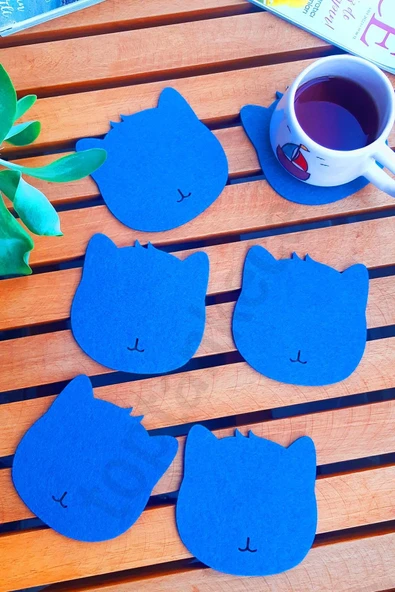 Kedi Temalı Bardak Altlığı Mavi 6'lı Set ürün görseli 1