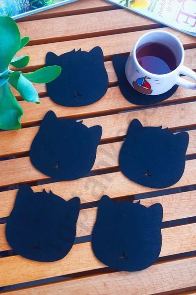 Kedi Temalı Bardak Altlığı Siyah 6'lı Set ürün görseli 1